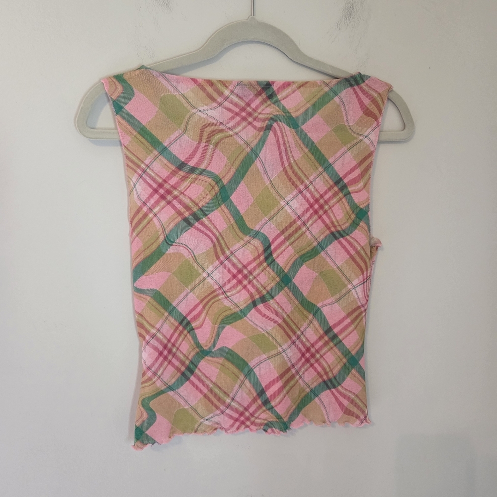 Topshop Plaid Asymmetric Tissue Mesh Sleeveless Blouse in Pink - Picture 5 of 8